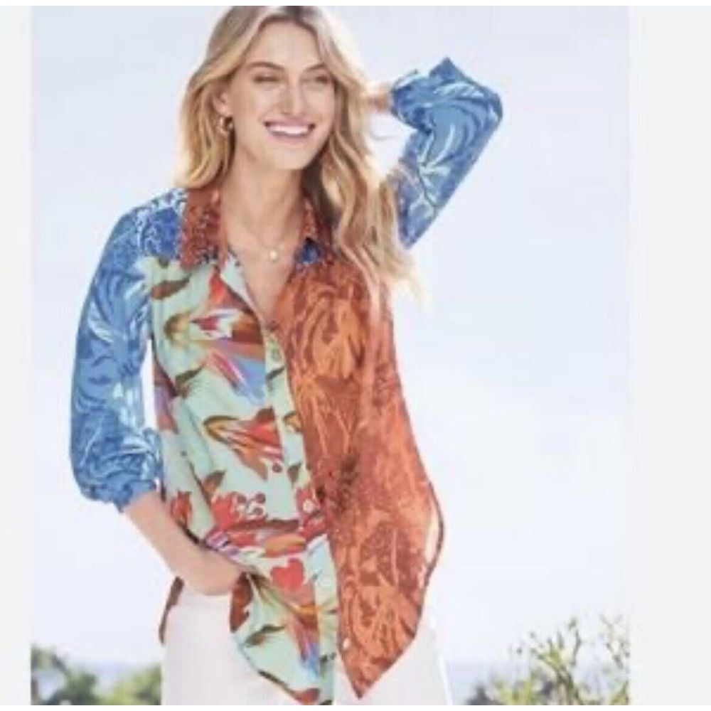 Soft Surroundings Hermosa Button Up Tunic Med Floral Flowy Relaxed‎ Boho Coastal